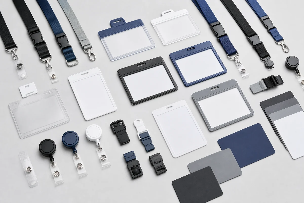 Custom badge and card holder options with clear sleeves, rigid holders, lanyards, clips, badge reels and blank cards