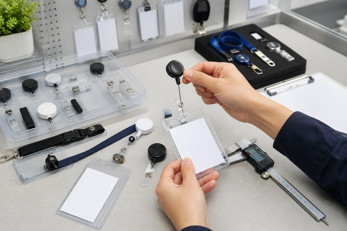 Quality inspection of custom badge holders, retractable reels, clips, lanyards and card dimensions