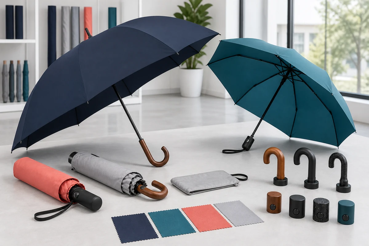 Custom branded umbrella styles, canopy colors, handles, and sleeves for OEM sourcing