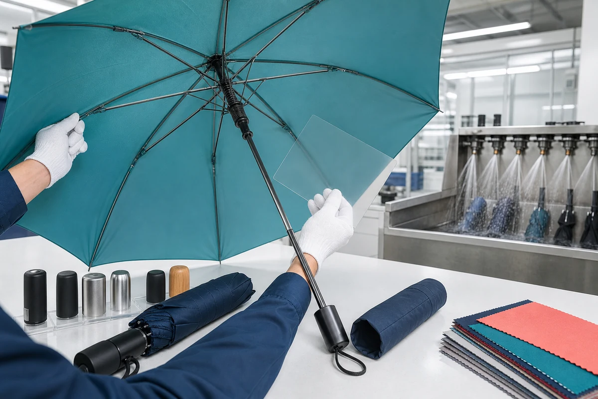 Umbrella factory inspection of ribs, canopy seams, mechanism, and print position