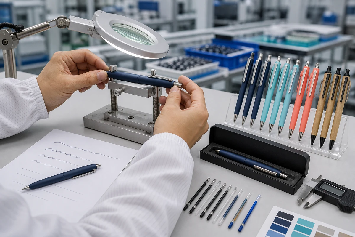 Factory quality control for custom pen imprint alignment, mechanism, and writing performance