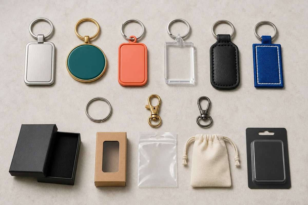 Custom keychain material comparison with metal, enamel, PVC, acrylic, leather, fabric, rings, clips, and packaging