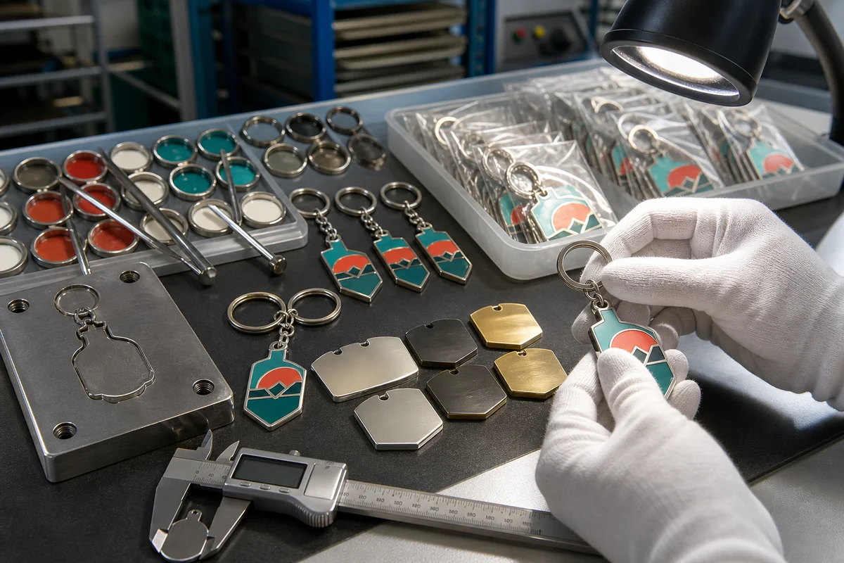 Custom keychain tooling, enamel finishing, thickness measurement, ring assembly, scratch inspection, and individual packaging