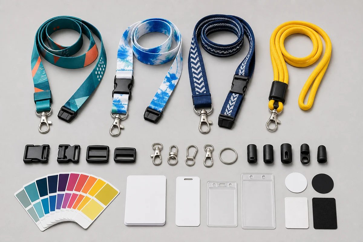 Custom lanyard materials, printing methods, safety breakaways, clips, badge holders, and color swatches