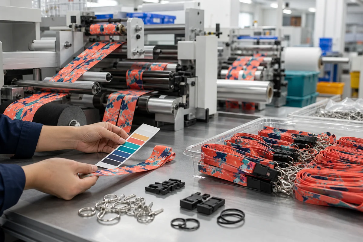 Custom lanyard printing, color comparison, attachment assembly, alignment inspection, and finished bulk packing