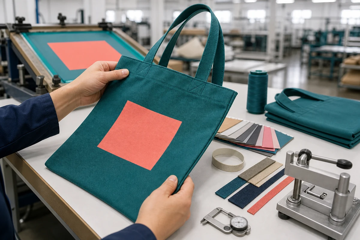 Factory inspection of custom tote bag screen printing, seam quality, dimensions, and handle reinforcement