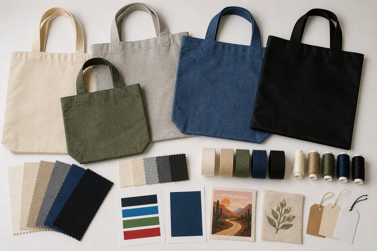 Custom tote bag fabrics, sizes, handles, thread, color swatches, printed panels, embroidery and hang tags
