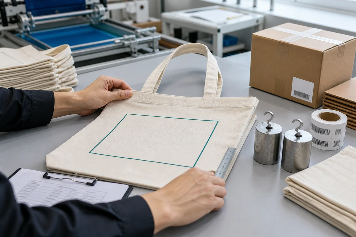Custom tote bag production inspection checking print area, seams, handle reinforcement, dimensions and carton labels