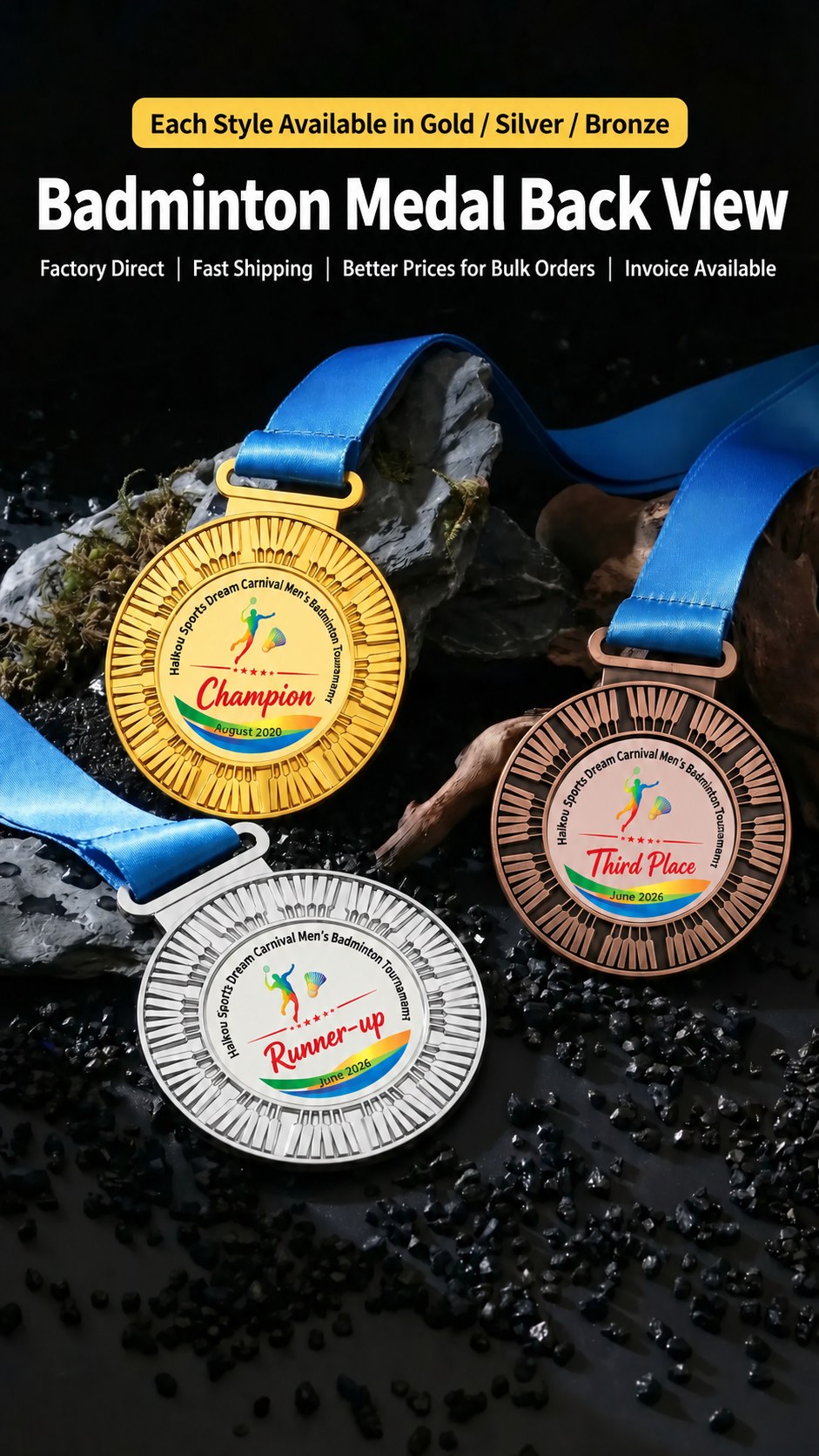 Custom badminton sports event medal with blue ribbon