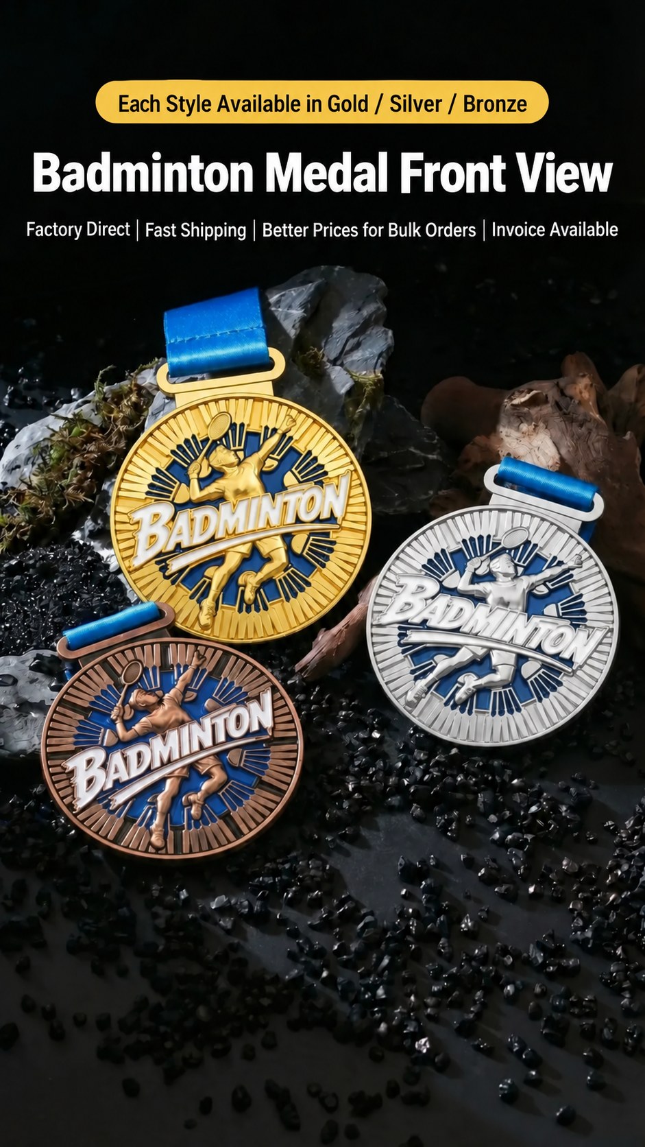 Gold and silver custom badminton medal front views