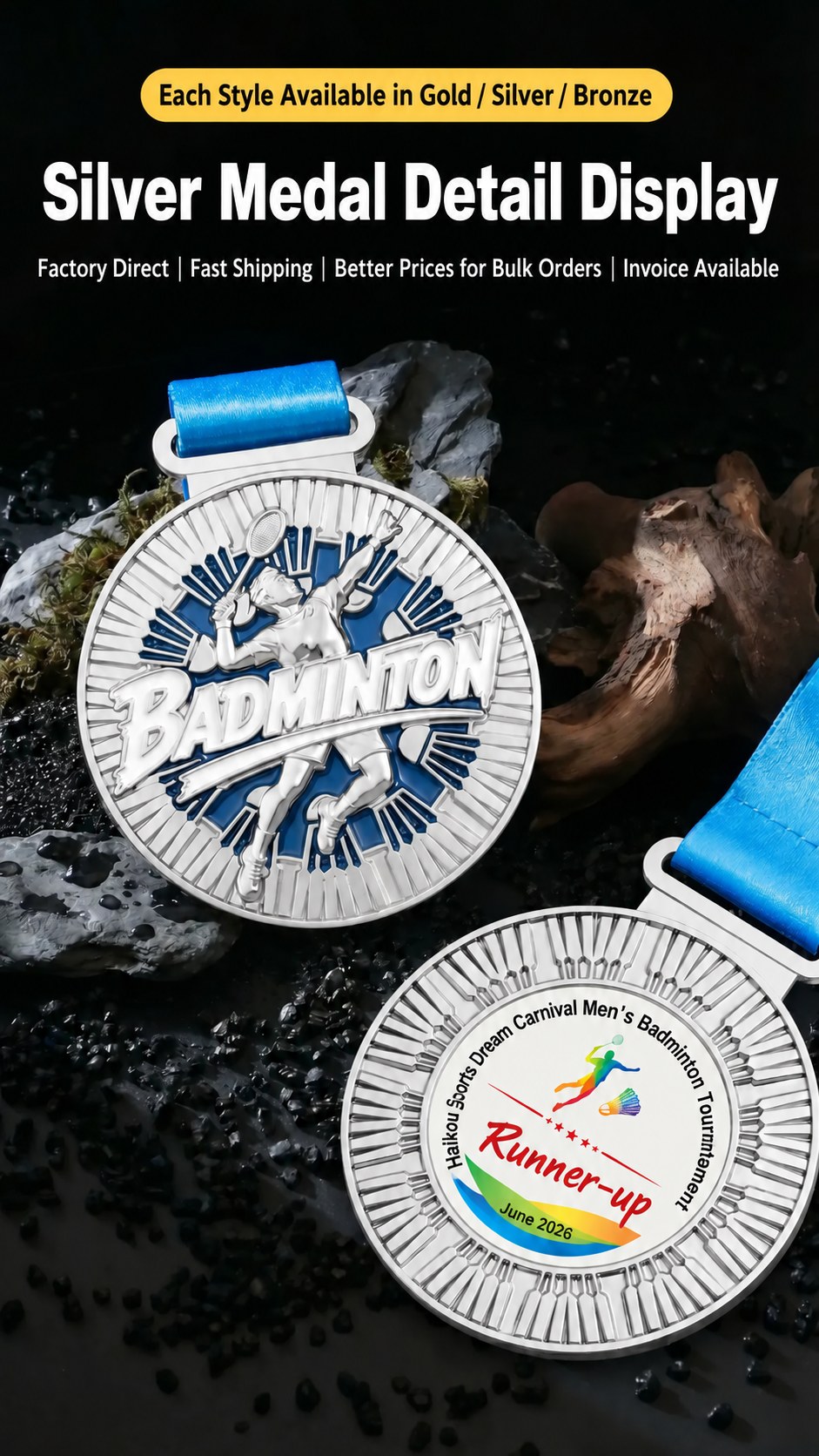 Silver custom sports event medal front and back