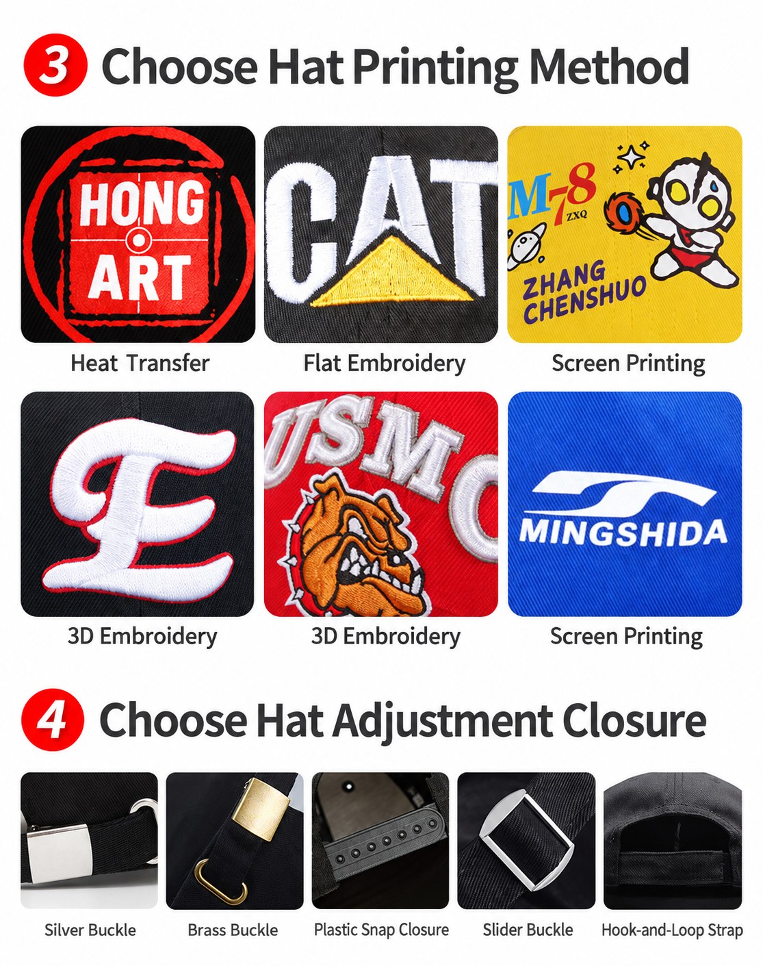 Logo printing and embroidery methods with closure options for custom caps Logo printing and embroidery methods with closure options for custom caps