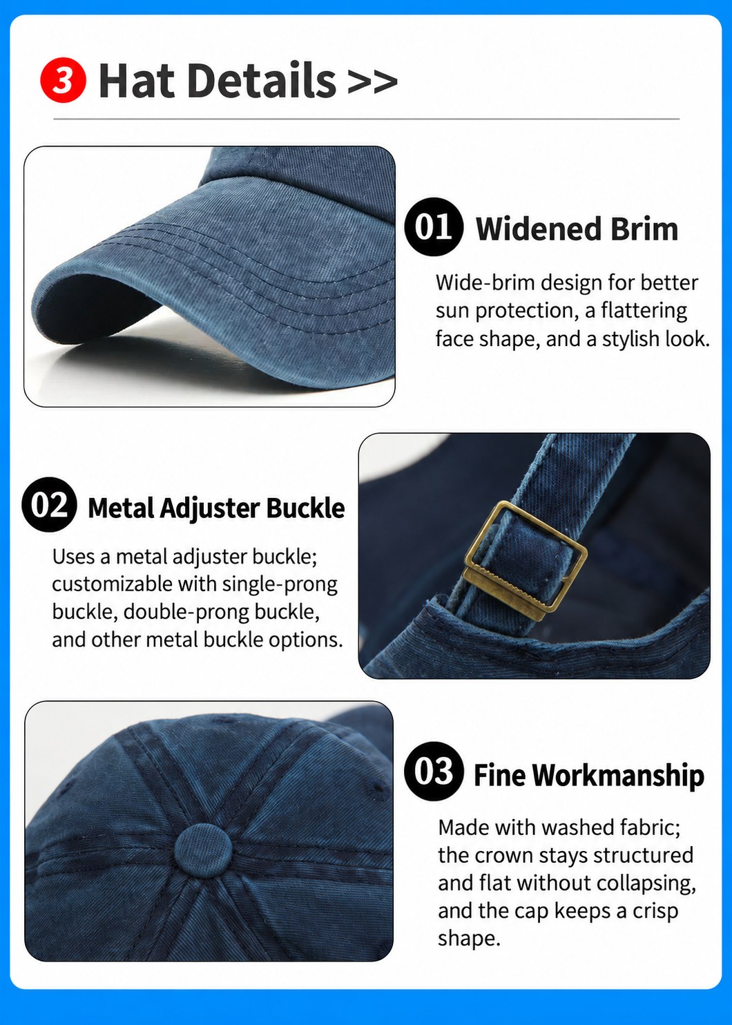 Washed baseball cap brim buckle and stitching details Washed baseball cap brim buckle and stitching details
