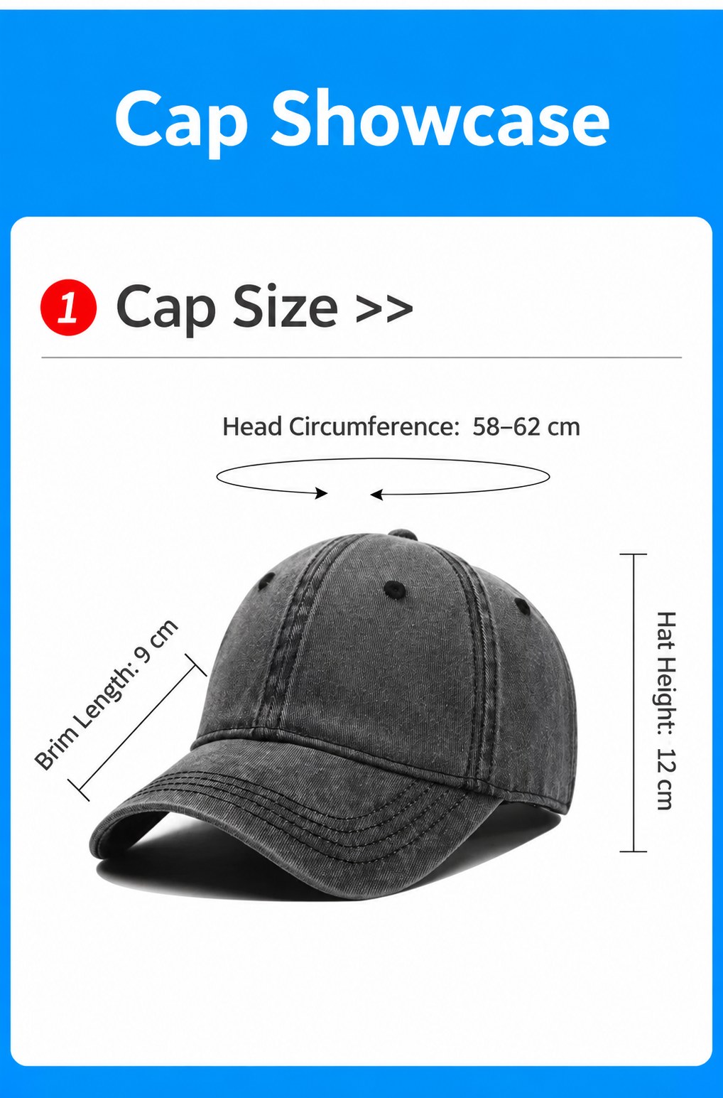 Washed vintage baseball cap dimensions and adjustable fit Washed vintage baseball cap dimensions and adjustable fit