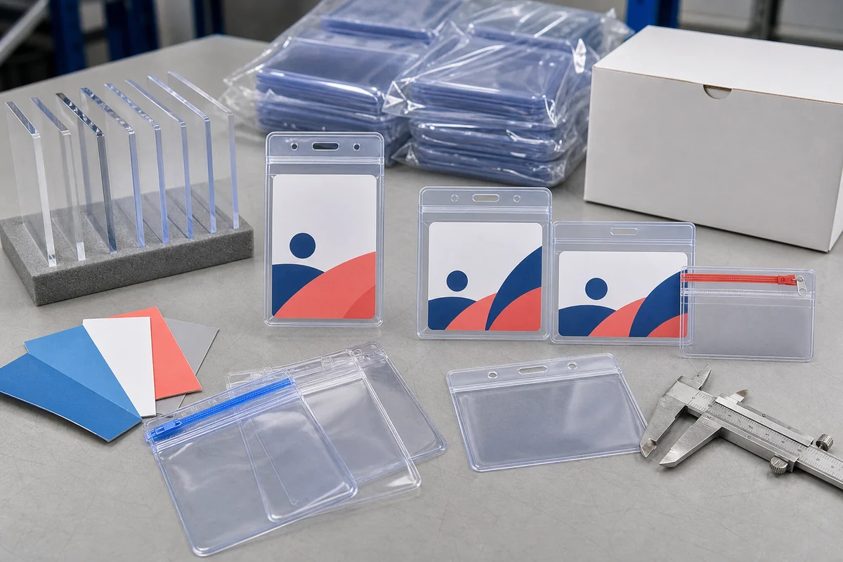 PVC card holder material, thickness, sealed edge, size, closure and bulk packaging quality inspection