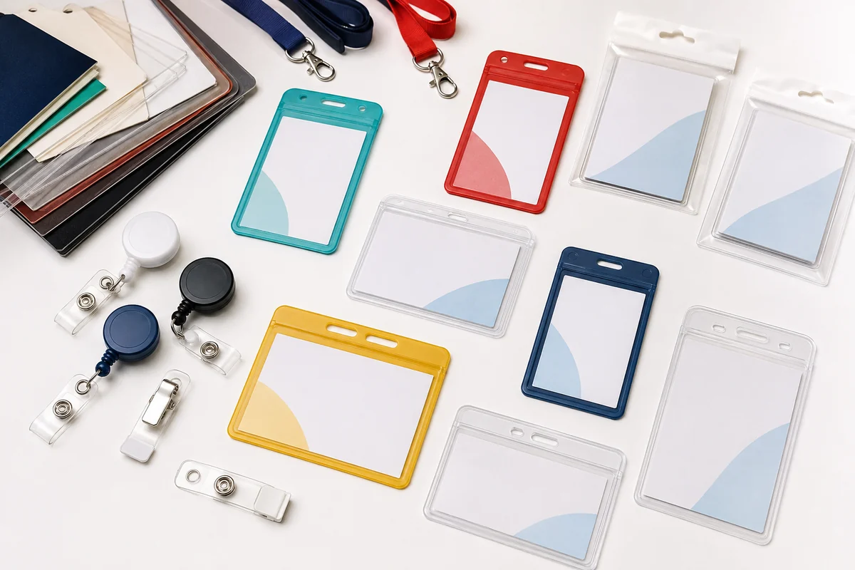 Custom PVC card holders in clear and colored materials with portrait, landscape and badge attachment options